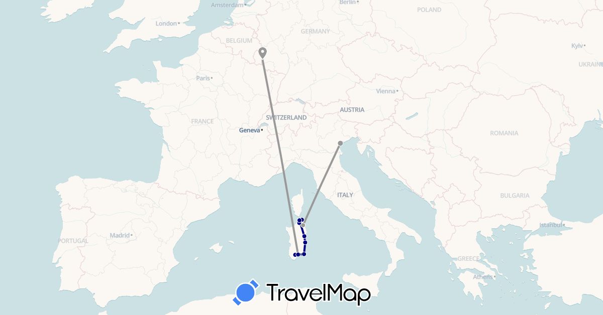 TravelMap itinerary: driving, plane in Italy, Luxembourg (Europe)